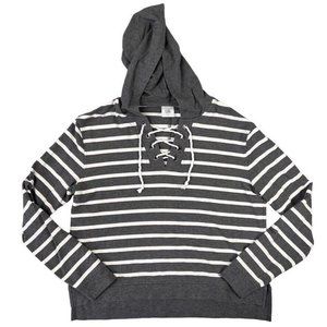 CAbi Womens #5324 Windward Hoodie Top Size Small Gray White Striped Lace Up Neck